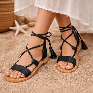 ASOS Black Braided Lace Up Gladiator Sandals Tassel Boho Strappy Flats Size 6